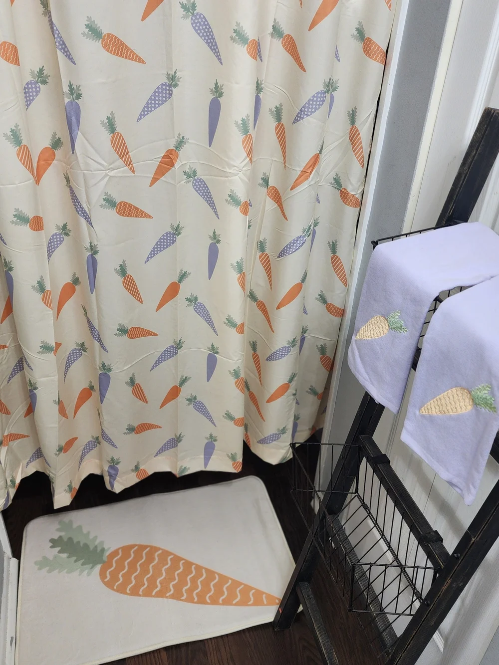Springtime Bath Set. 6pc Carrot Pattern Shower Curtain Set - Cream/Orange/Purple